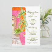 Tropisch-rosa Wände und Palm Courtyard Art Wedding Einladung (Stehend Vorderseite)