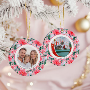 Tropisch rosa Weihnachtsblumen 2 Familienfotos Keramik Ornament