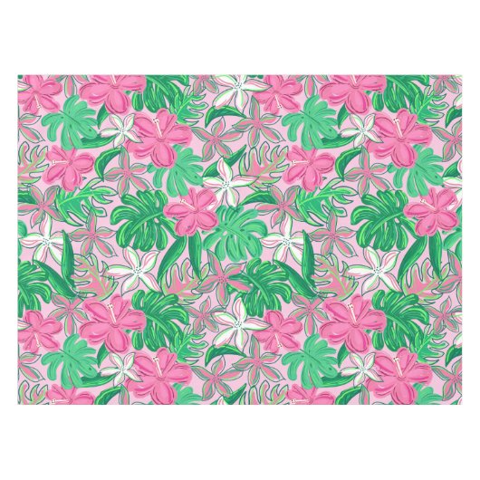 Tropisch rosa Weiße Blume Palm Blätter Preppy Tischdecke (Vorderseite (Horizontal))