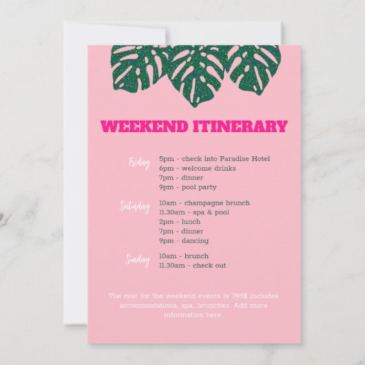 Tropisch rosa Zielort Bachelorette Wochenende Einladung (Rückseite)