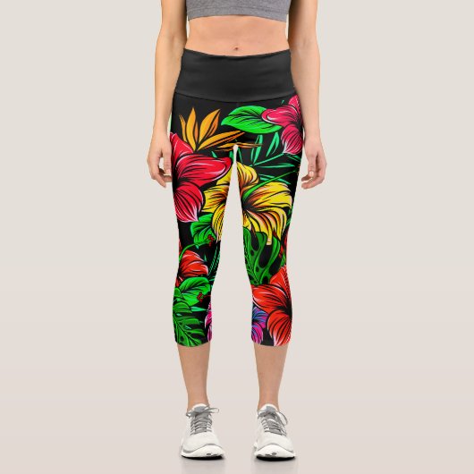 Tropisch Rot-Rosa-Hibiskus-Blume Capri Leggings (Vorderseite)