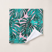 Tropisch Türkis Rosa Monstera Jungle Blätter Badhandtuch Set (Waschlappen)