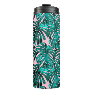 Tropisch Türkis Rosa Monstera Jungle Blätter Thermosbecher