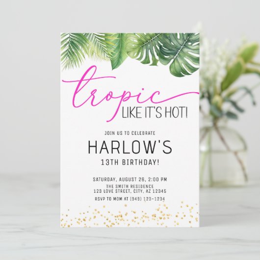 Tropisch wie es ist heißen rosa tropischen Geburts Einladung (Stehend Vorderseite)