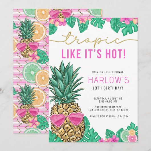 Tropisch wie heiße Ananas tropischer Geburtstag Einladung (Vorne/Hinten)