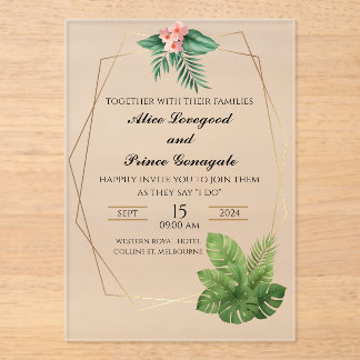 Tropische Acryl-Hochzeitseinladung mit goldenem Ra Acryleinladungen