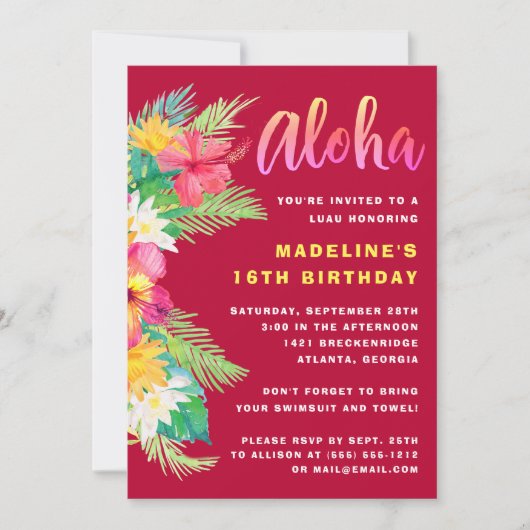Tropische Aloha Hawaiian Luau Geburtstagspartei Einladung (Vorderseite)
