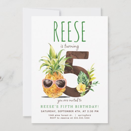 Tropische Ananas 5. Geburtstag Einladung (Vorderseite)