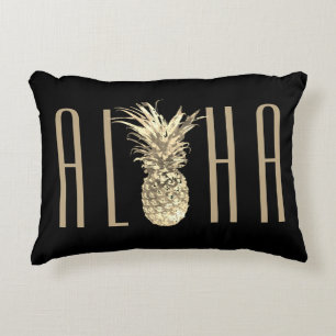 Tropische Ananas Aloha Gold Typografie Black Dekokissen