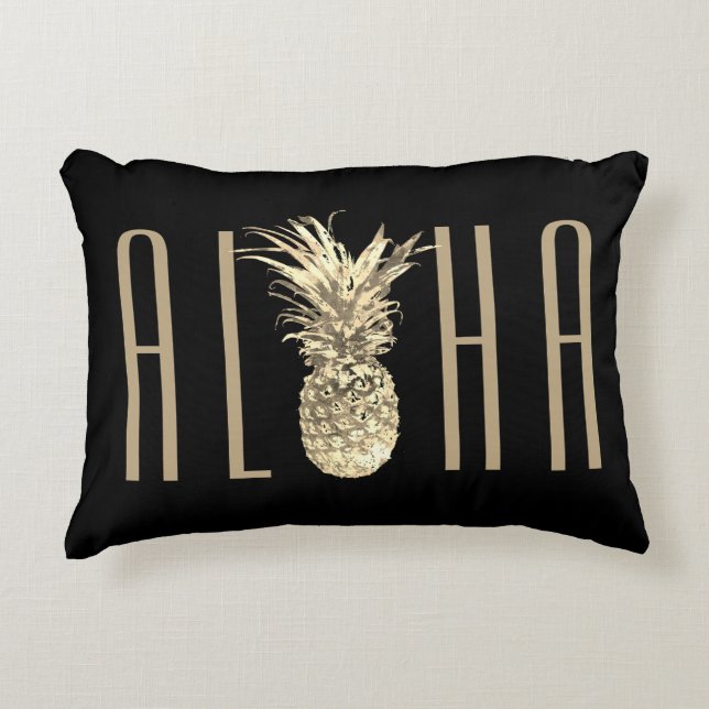 Tropische Ananas Aloha Gold Typografie Black Dekokissen (Vorderseite)
