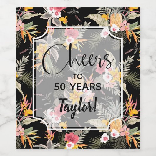 Tropische Ananas-Blume auf Schwarz Weinetikett (Einzelnes Label)