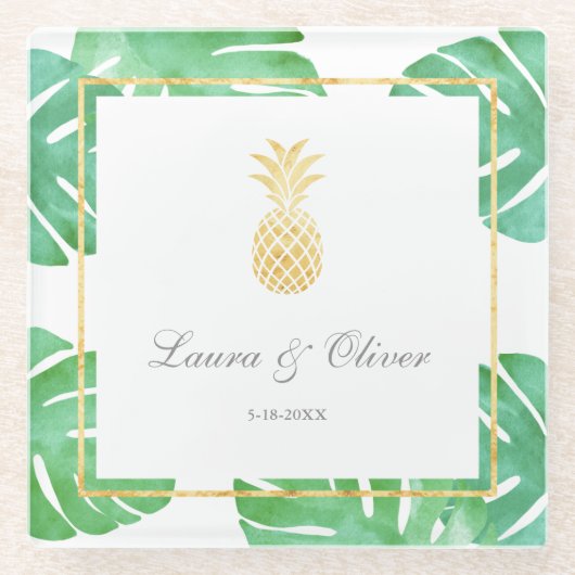 Tropische Ananas-Goldhochzeit Glasuntersetzer (Vorderseite)