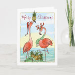 Tropische Ananas Pink Flamingo Weihnachten<br><div class="desc">Schöne rosa Flamingo Weihnachtskarten, die Sie für die Ferienzeit personalisieren können! Freunde und Familie werden diese künstlerischen, einzigartigen tropischen Weihnachtskarten Liebe... Dieses originelle Design von Raphaela Wilson zeigt 2 rosa Flamingos, die eine festliche Weihnachtsmannmütze tragen, und Rentiervögel mit einer Tüte goldener Ananas vor einem Aquarellturm aus tropischem Sonnenaufgang und glitzernden...</div>