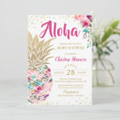 Tropische Ananas Pink Gold Floral Baby Dusche Einladung (Stehend Vorderseite)