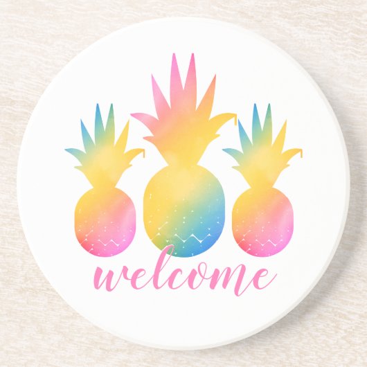 Tropische Ananas Rosa Regenbogen Aquarell Willkomm Getränkeuntersetzer (Vorne)