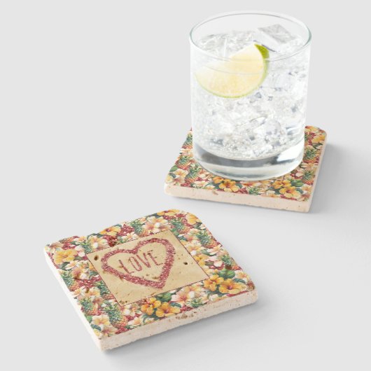 Tropische Ananas Roter Glitzer Liebe Herz Steinuntersetzer (Seitenansicht)