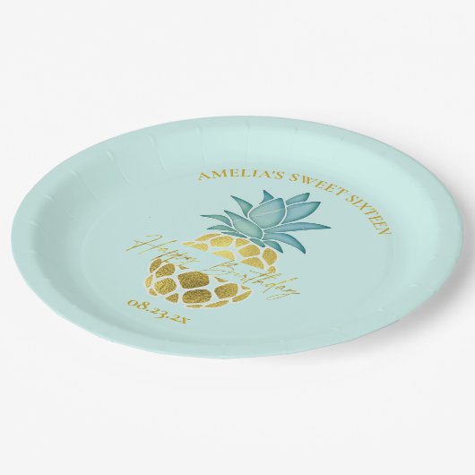 Tropische Ananas Sweet 16 Happy Birthday ID922 Pappteller (Schrägansicht)