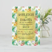 Tropische Ananas- und Hibiskus-Hochzeit in Urlaubs Einladung (Stehend Vorderseite)