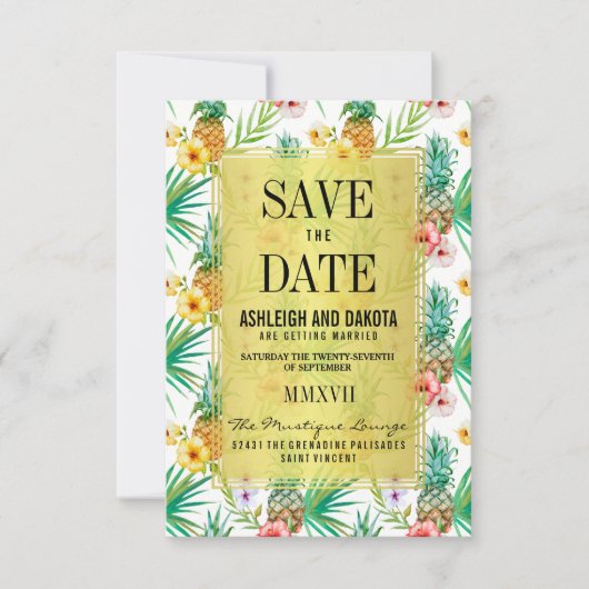 Tropische Ananas und Hibiskus Save the Date (Vorderseite)