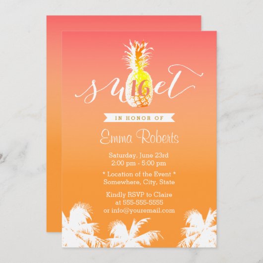 Tropische Ananas und Palmen süß 16 Einladung (Vorne/Hinten)