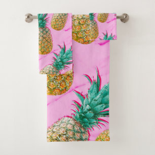 Tropische Ananas und rosa Marmor modernes Farbspie Badhandtuch Set