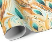 Tropische Aquamarine Mint Orange Peacock Feathers Geschenkpapier (Rolleneckpunkt)