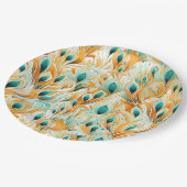 Tropische Aquamarine Mint Orange Peacock Feathers Pappteller (Schrägansicht)