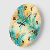 Tropische Aquamarine Peach Orange Peacock Feathers Große Wanduhr (Winkel)