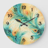 Tropische Aquamarine Peach Orange Peacock Feathers Große Wanduhr (Vorderseite)