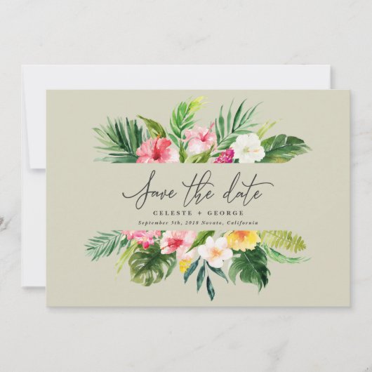 Tropische Aquarell-Blumen Hochzeitseinladung zum V Save The Date (Vorderseite)