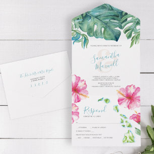 Tropische Aquarell Hawaii-Hochzeit All In One Einladung