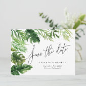 Tropische Aquarell-Laub-Blumen-Foto Save The Date (Stehend Vorderseite)