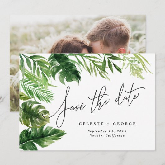 Tropische Aquarell-Laub-Blumen-Foto Save The Date (Vorne/Hinten)