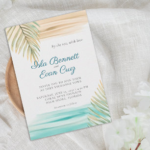 Tropische Aquarell-Salbei-Grün-Palm-Beach-Hochzeit Einladung