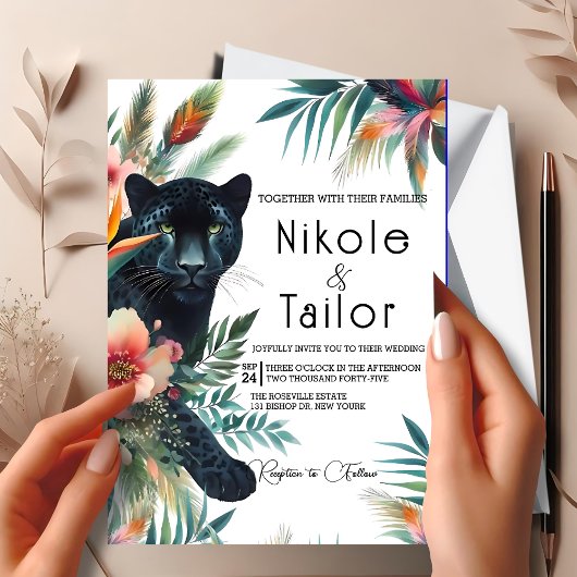 Tropische Aquarellblüte und Jaguar Einladung