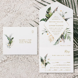 Tropische Aquarelle Gold Hochzeit All In One Einladung