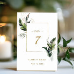Tropische Aquarelle Gold Hochzeit Tischnummer<br><div class="desc">Diese Hochzeitskarte ist mit tropischen tropischen Wasserfarben,  Blätter aus Palmen,  Bananenblättern mit goldfarbenem rechteckigem Rahmen ausgestattet. Es ist ideal für einen Strand oder eine Hochzeit in Urlaubsort. Die Hintergrundfarbe kann geändert werden. >>>> Karo aus der gesamten Auflistung >>> https://www.zazzle.com/collections/tropical_foliage_gold_collection-119316977990783186</div>