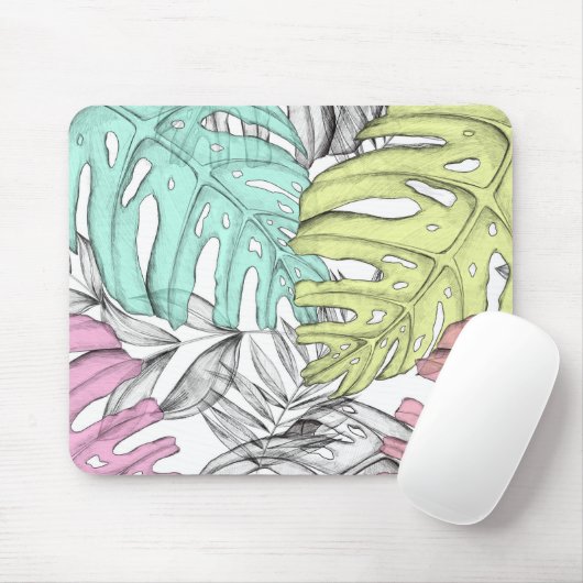 Tropische Aquarellfarbe Pastel Monstera Mousepad (Mit Mouse)