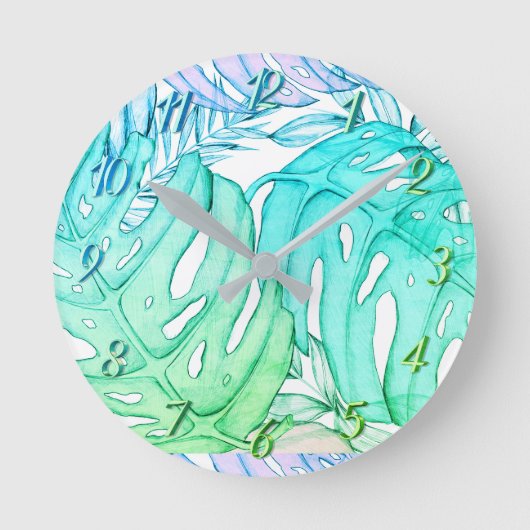 Tropische Aquarellfarbe Pastel Monstera Runde Wanduhr (Vorderseite)