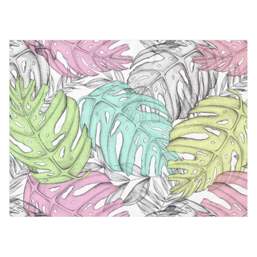 Tropische Aquarellfarbe Pastel Monstera Tischdecke (Vorderseite (Horizontal))