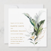 Tropische Aquarellfarben-Blätter Gold Wedding Squa Einladung (Vorderseite)