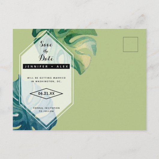 Tropische Aquarellfolien Save the Date Ankündigungspostkarte (Rückseite)