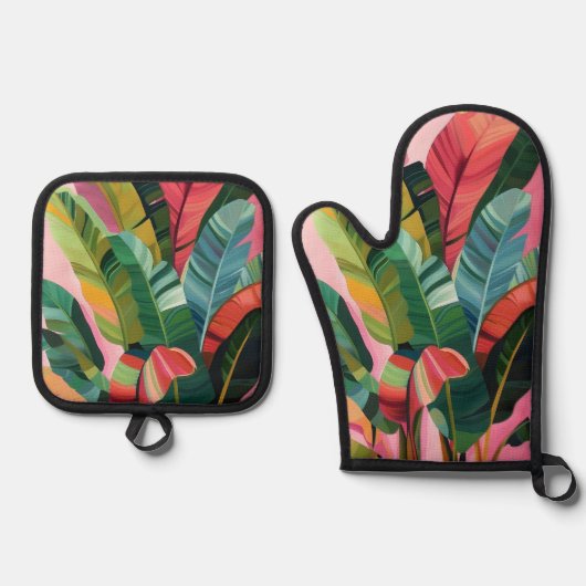 Tropische Bananen-Blätter Ofenhandschuh & Topflappen-Set (Vorderseite)