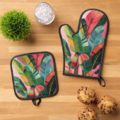 Tropische Bananen-Blätter Ofenhandschuh & Topflappen-Set (Oben Unten)