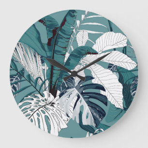 Tropische Bananen Monstera: Moderne Nahtlose. Große Wanduhr