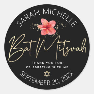 Tropische Bat Mitzwa Schwarz Gold Floral Aquarell Runder Aufkleber