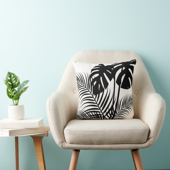 Tropische Blätter 1 Schwarz auf Weiß Kissen (Stuhl )