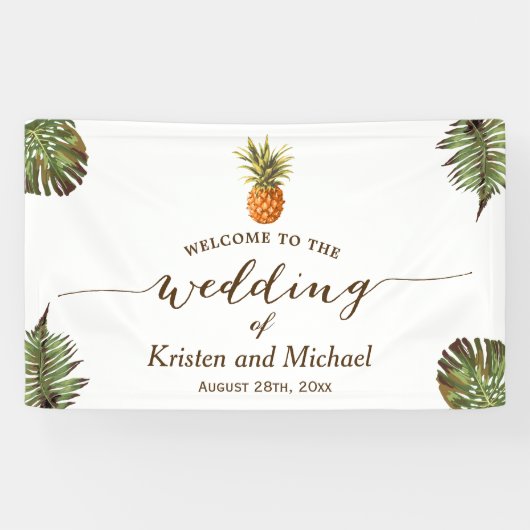 Tropische Blätter Ananas Stilvolle Hochzeitsfeier Banner (Horizontal)
