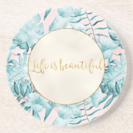 Tropische Blätter Aqua Gold Getränkeuntersetzer