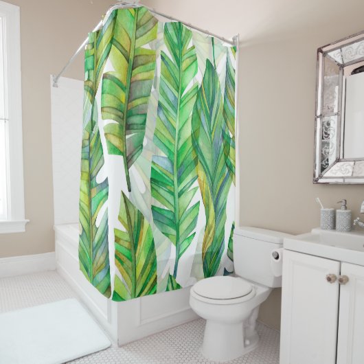 Tropische Blätter: Aquarellfarbenes, nahtloses Mus Duschvorhang (Beispiel)